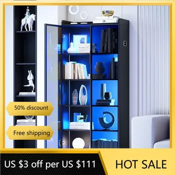 Image 65" Display Cabinet with Acrylic Glass Door, LED Bookcase with Human Sensor 3-Color Lights, 5-Tier Curio Storage Cabinet