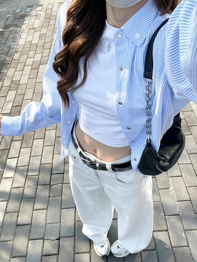 

Американская ретро синяя полосатая длинная све irt женская весна-лето повседневная свободная корейская шикарная блузка с воротником-пальто