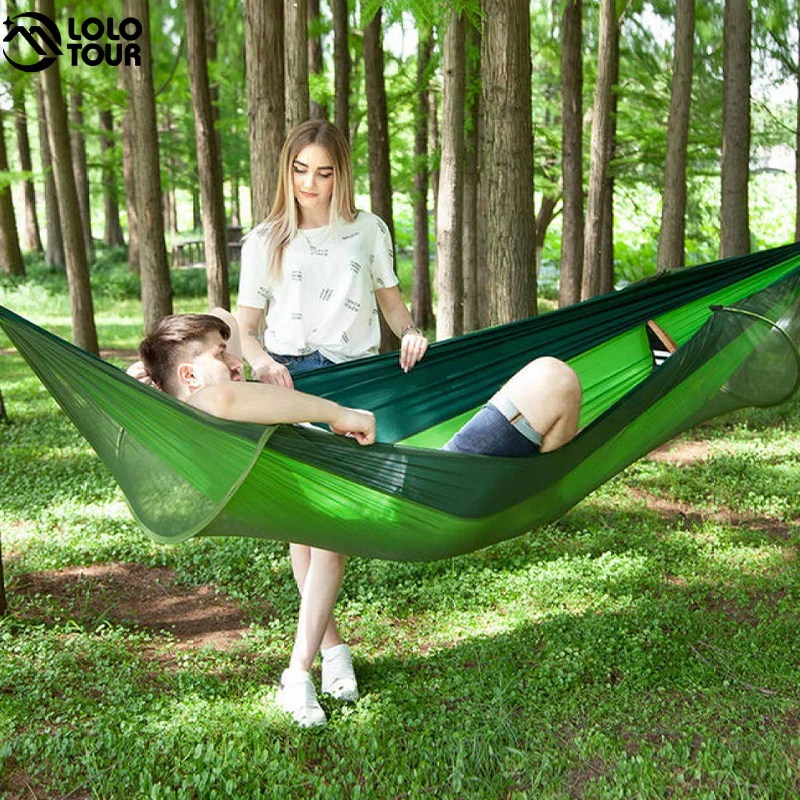 Quick Open Camping Hammock with Mosquito Net Lightweight Portable Parachute Nylon Double Hammock for Backpacking Survival Travel