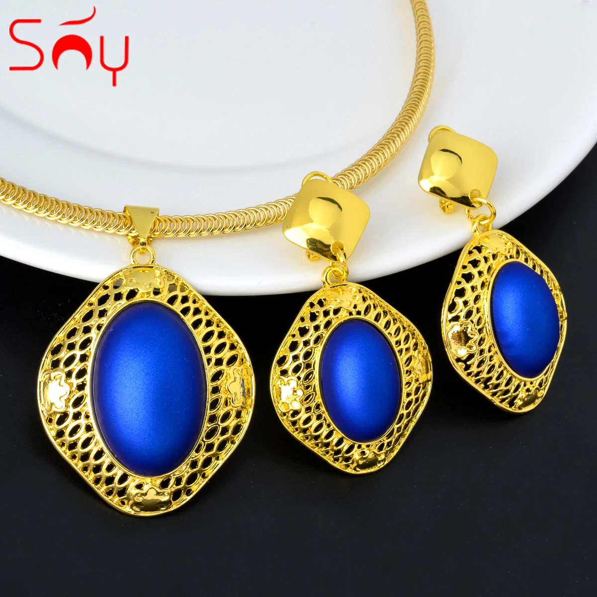 

Sunny Jewelry Sets for Women Latest Italian Gold Color Blue Pendant Necklace Earrings Elegant Jewellery Accessories Party Gift