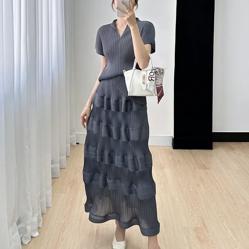 Miyake Pleated Advanced Set Cake Half Skirt+Short Sleeve Top Casual Western Pleated Two Piece Set for Women 2023 New