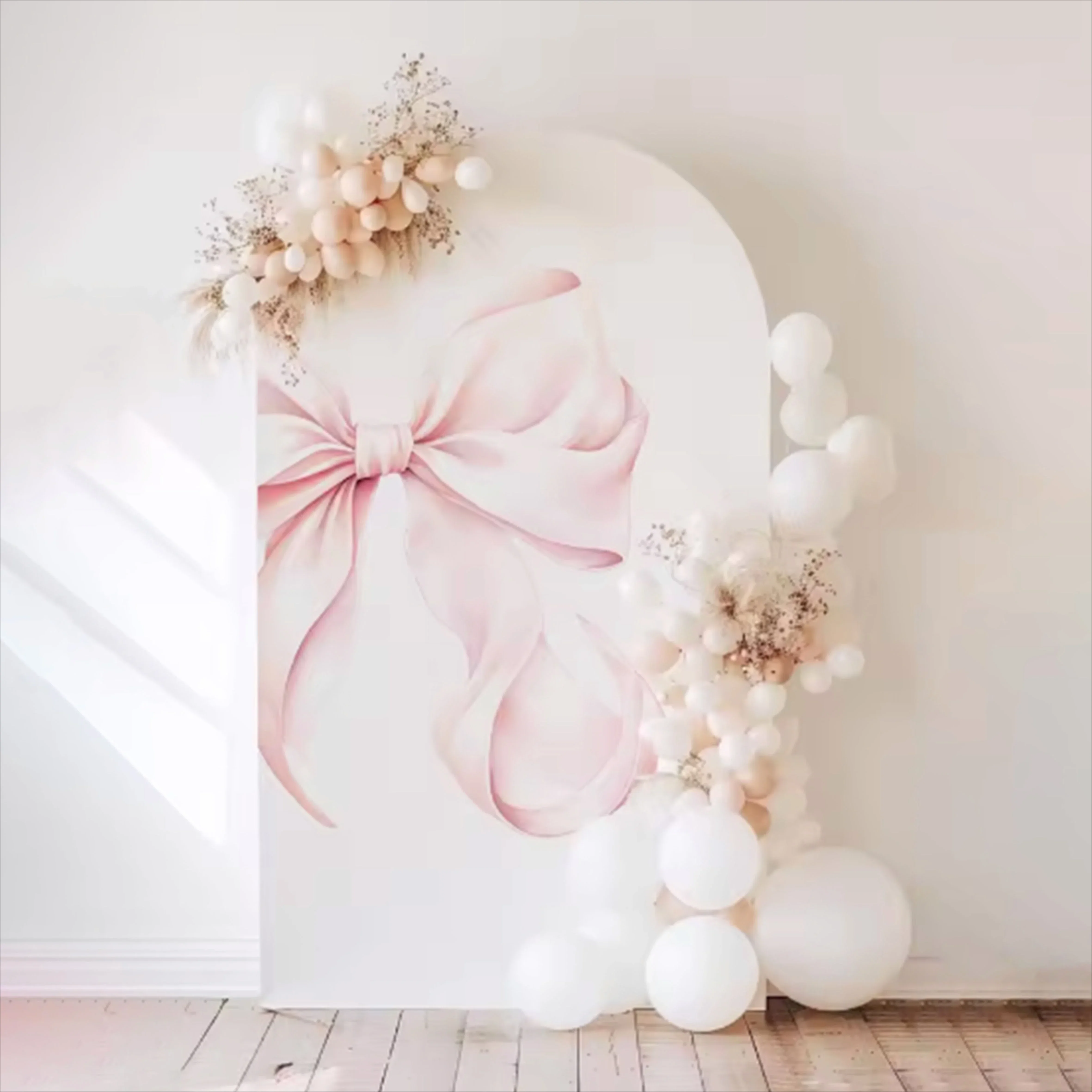 Light Pink Bow Balloon Arch Backdrop Cover Elastic Fabric Girl Party Decoration Baby's First Birthday Photo Studio Background