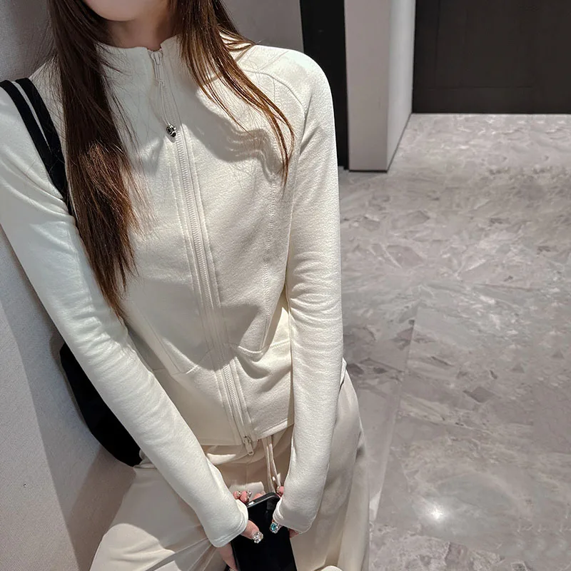 Comfortable and Soft Double Zipper Coat Women Korean Fashion Slim Fit Stand-up Collar Sports Jacket Patchwork Cardigan Outerwear