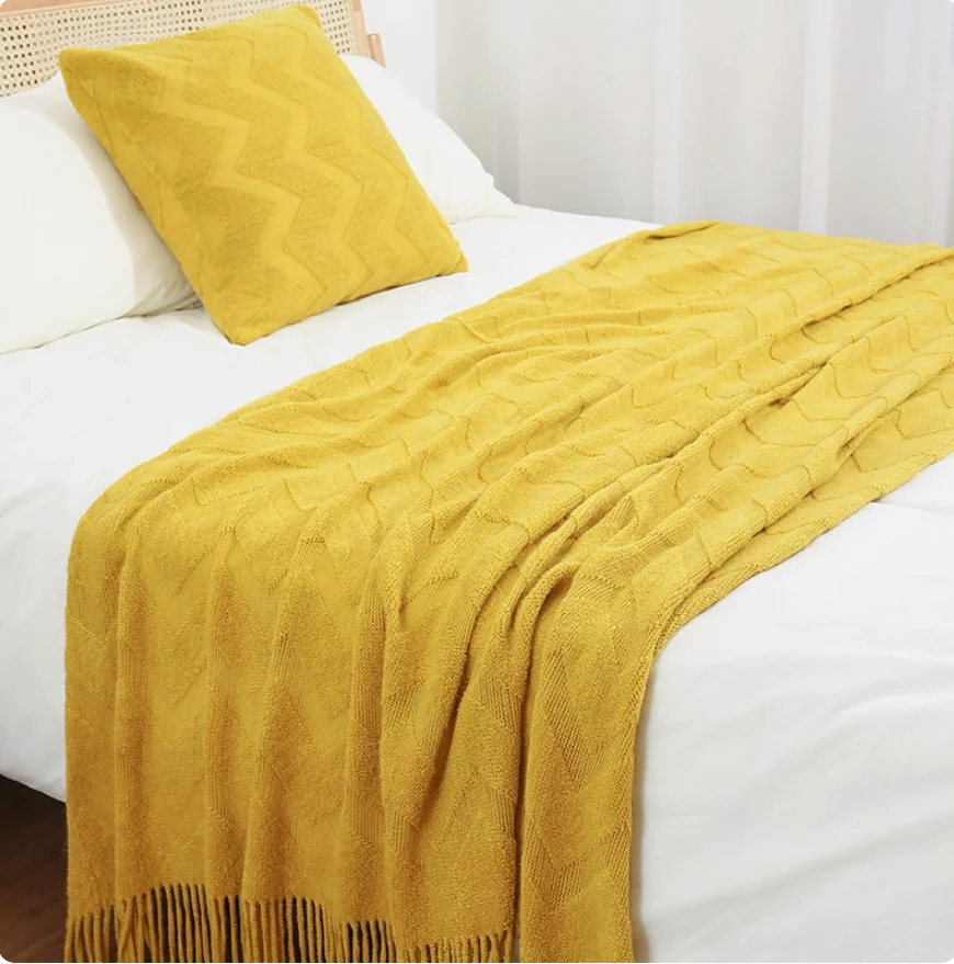 Yellow Chevron Knitted Throw Blanket With Tassels Nordic Solid Fringe Bed Scarf Soft Acrylic Decorative Bed End Cover Sofa Shawl