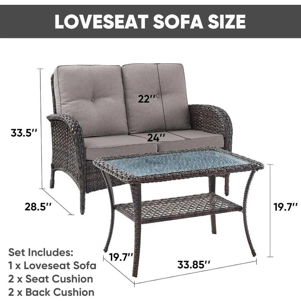 Outdoor loveseat bank 2-zits PE rieten buitenbank met salontafel, diepe stoel hoge rug buiten terrasmeubilair