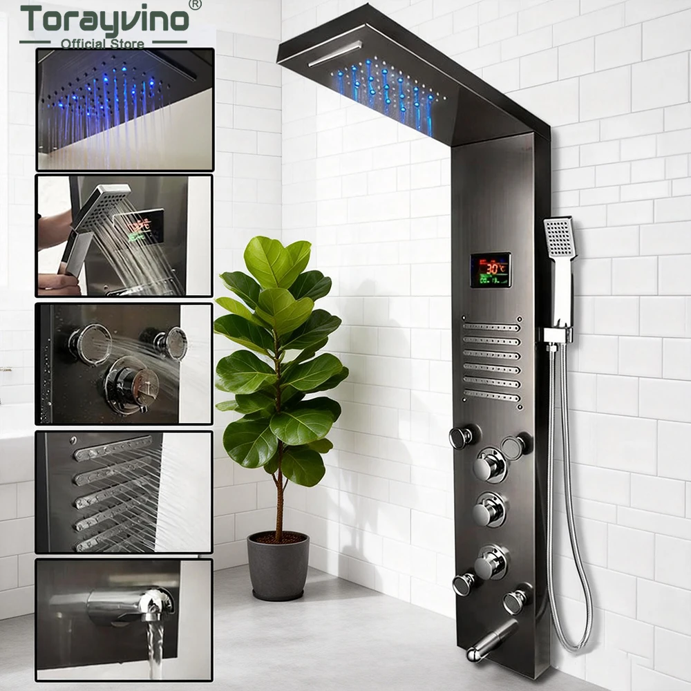 Torayvino LED Bathroom Shower Faucet Temperature Digital Display Shower System Panel Body Massage Jets Towel Showers Column Tap