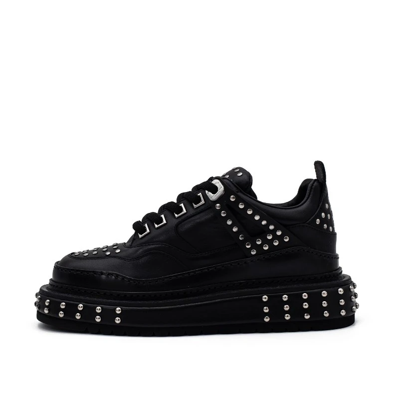

Luxury Sneakers Rivet Fashion Casual Leather Shoes Men's Genuine Leather Handmade Cowhide Punk Style Black Platform Shoes
