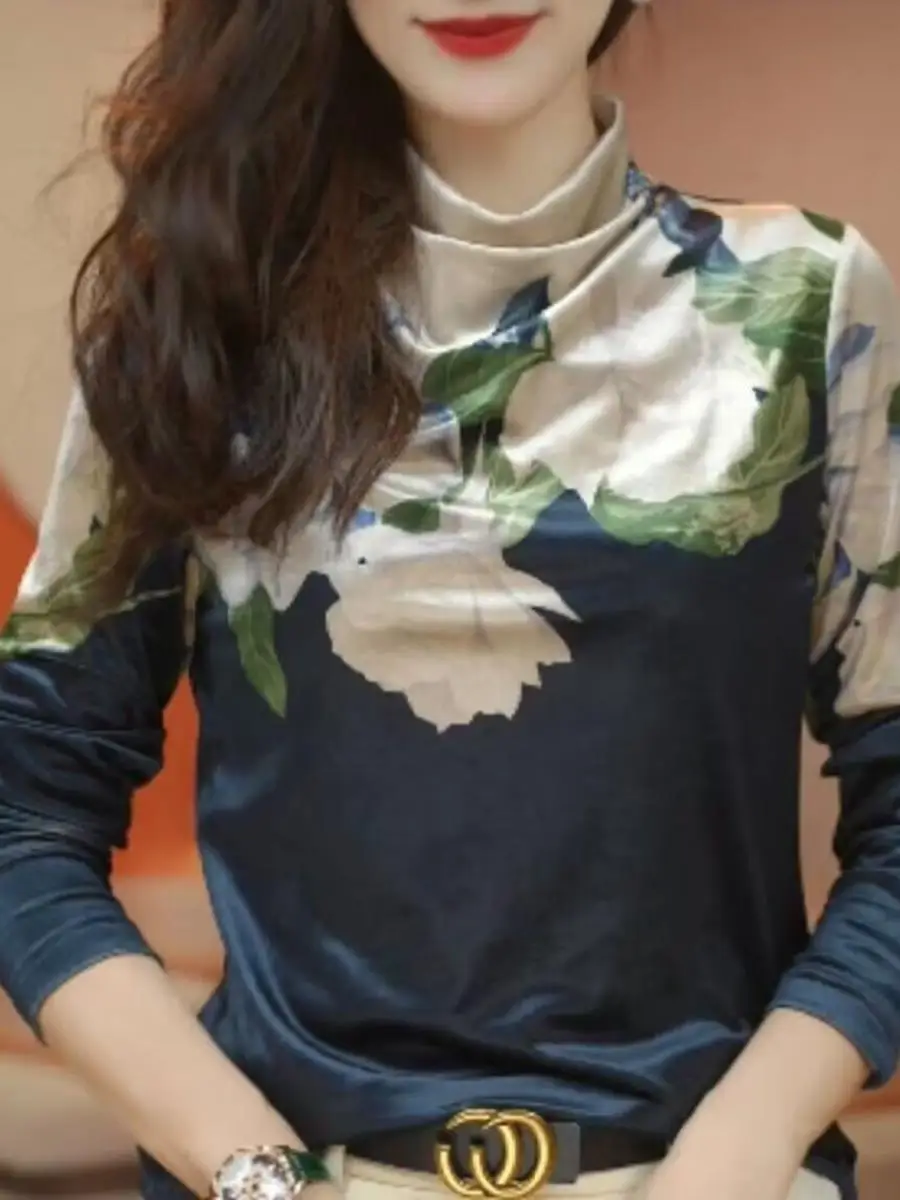   Samt-Langarmshirt mit Print für Damen, hochwertig, modisch, schlankmachend, Anti-Aging, trendig, Herbst-Winter, Neuheit