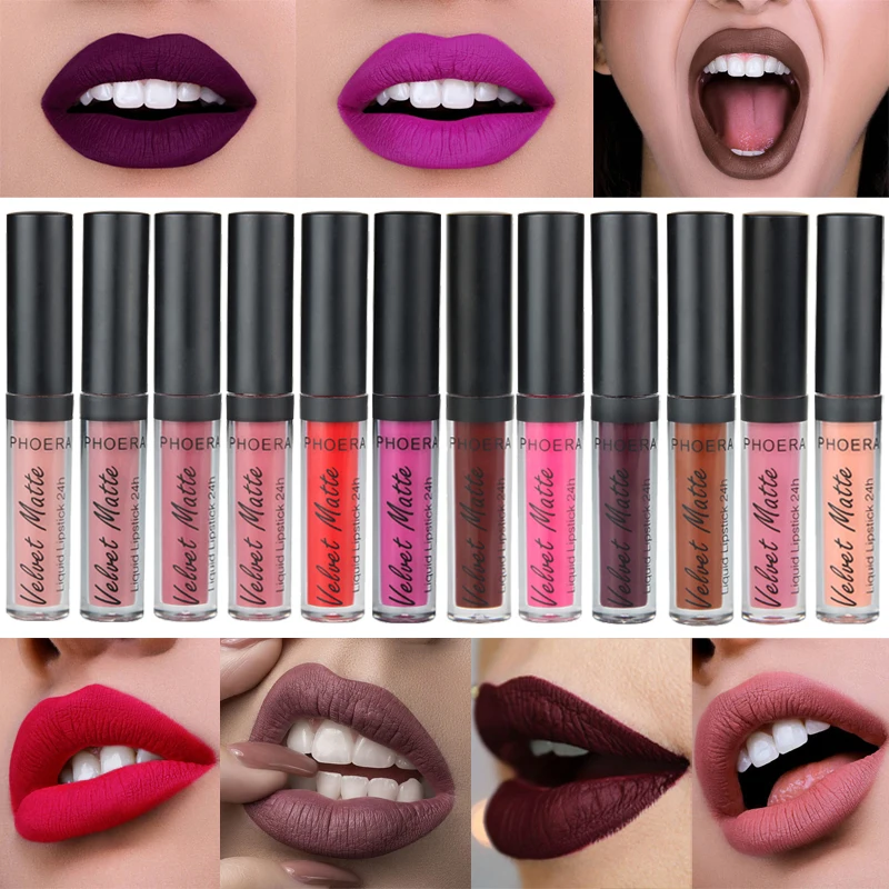 PHOERA 12 Colors Matte Liquid Lipstick Waterproof Long Lasting Velvet Mate Red Lip Gloss Lint Tube Makeup Cosmetic Lipgloss