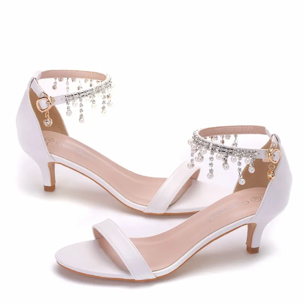 Crystal Queen Elegant Wedding Shoes For Women High Heel Sandals Pearls Tassel Chain Platform White Party