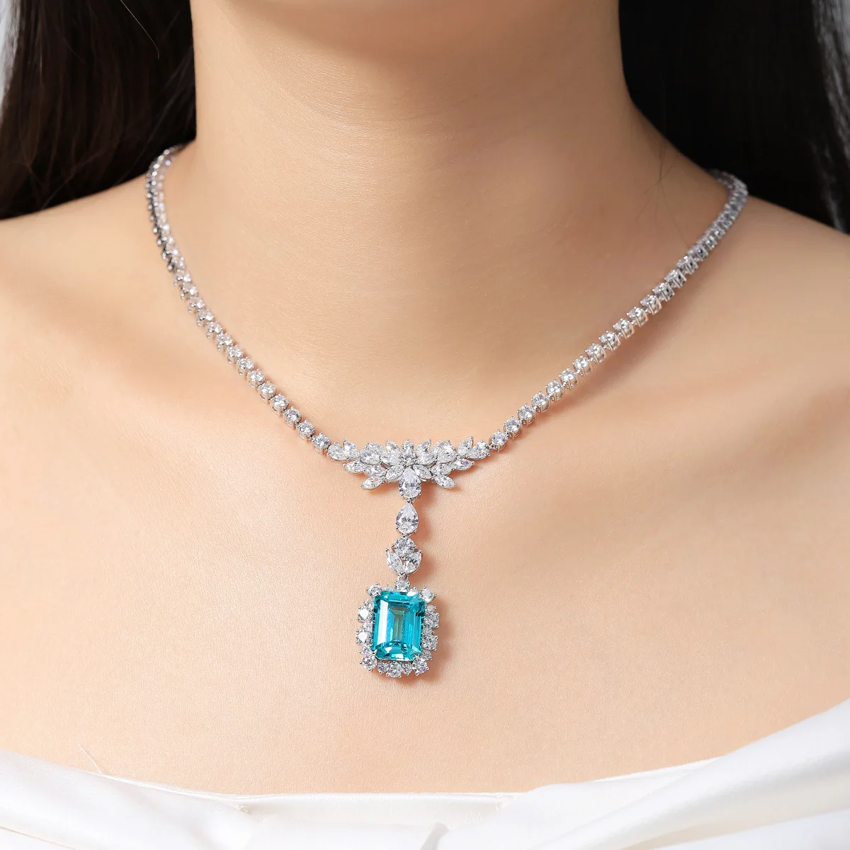 

S925 Silver Precision Set Lab-Grown Paraiba Tourmaline Necklace, Luxury Banquet Jewelry, Elegant Teal Gift