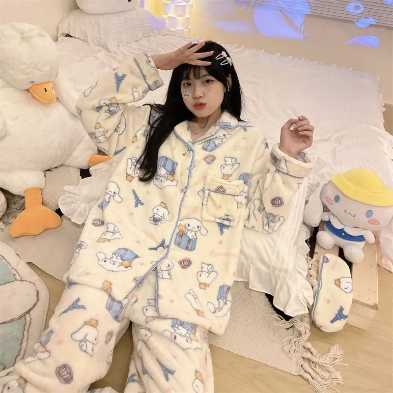 بيجامات سينامورول للفتيات للخريف والشتاء سميكة من الفلانيل المرجاني المخملي بدلة شتوية للطالبات ملابس منزلية ناعمة لطيفة