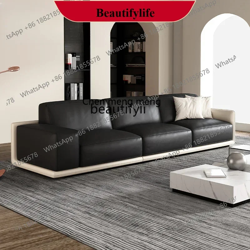 

D178 Y yj Italian Minimalist Leather Sofa Black down Feather Four-Seat First Layer Cowhide Square Straight Row Sofa