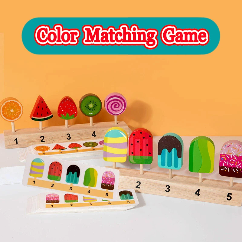 Kids Shape Color Sorting Board Game Toys Wooden Fruit Candy Ice Cream Matching Game Logical Thinking Training Pretend Food Toys