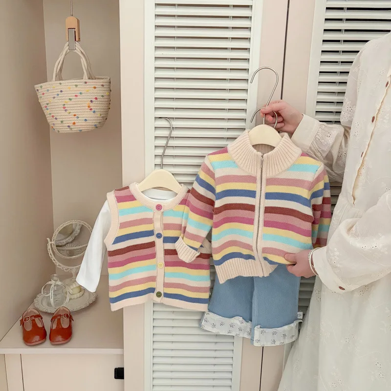 2026 Autumn New Baby Long Sleeve Sweater Cardigan Girls Vintage Striped Knitted Coat Cotton Casual Infant Toddler Clothes