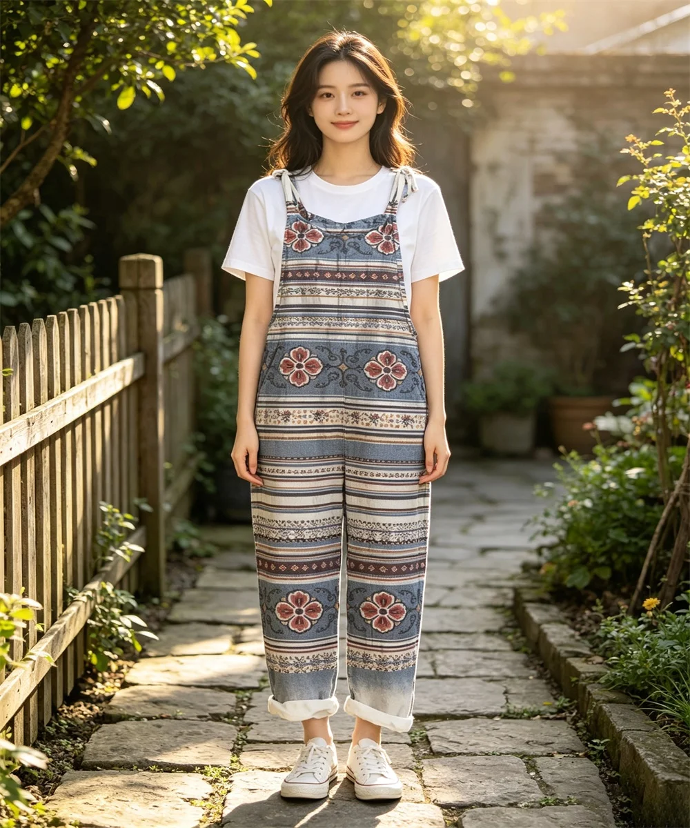 2026 Summer new women's ethnic striped floral print comfortable jumpsuit, off shoulder sleeveless loose jumpsuit