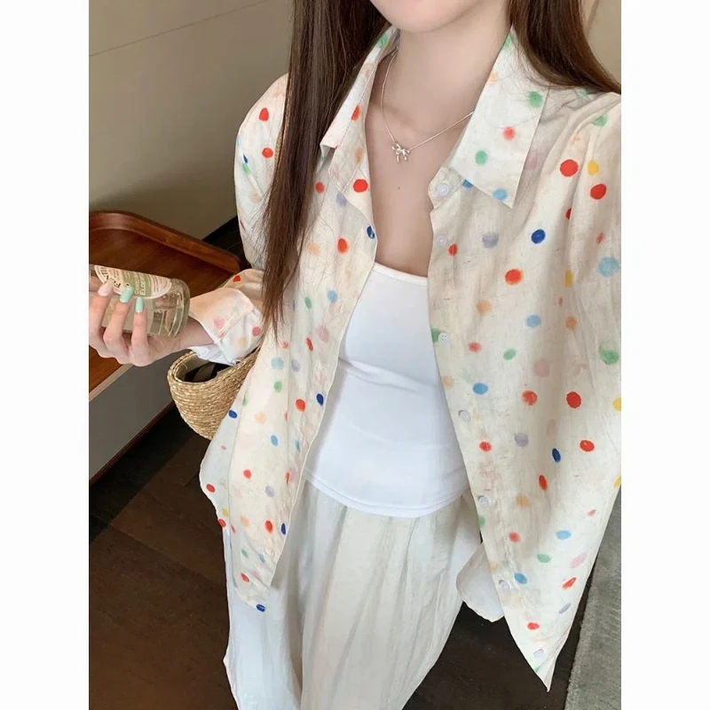 Vintage Polka Dot Printing Loose Shirt Tops Polo Neck All-match Thin Casual Blouse Fashion Korean Spring Autumn Women Clothing