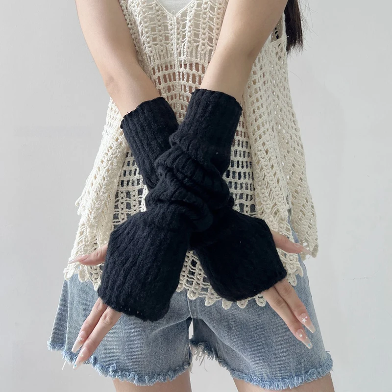 الخريف الشتاء المرأة طويلة الذراع كم محبوك مطاطا أصابع قفازات طالب الذراع أدفأ كومة القفاز تأثيري التبعي