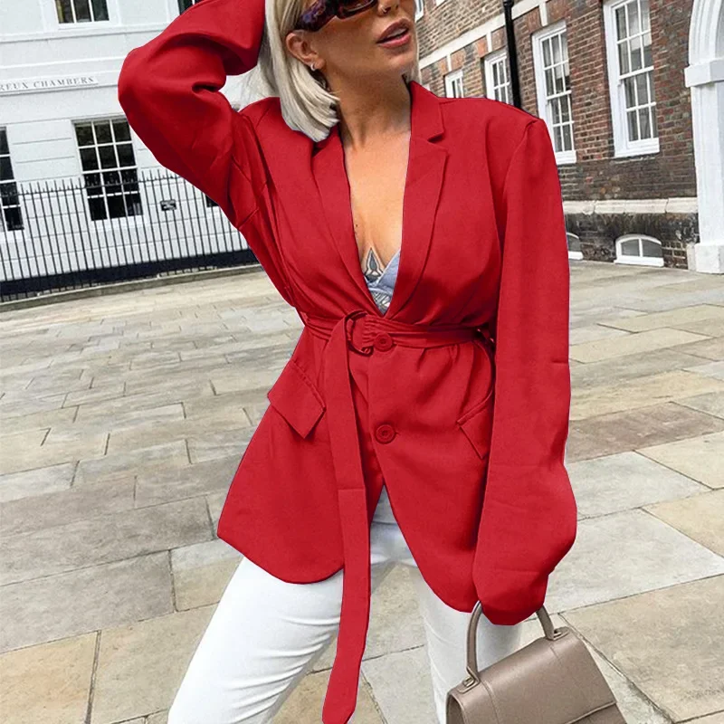 Blazer Women's Spring and Autumn 2024 Sexy V-neck Single-breasted Elegant Belt Long-sleeved Lace-up Office Ladies Slim Blazer
