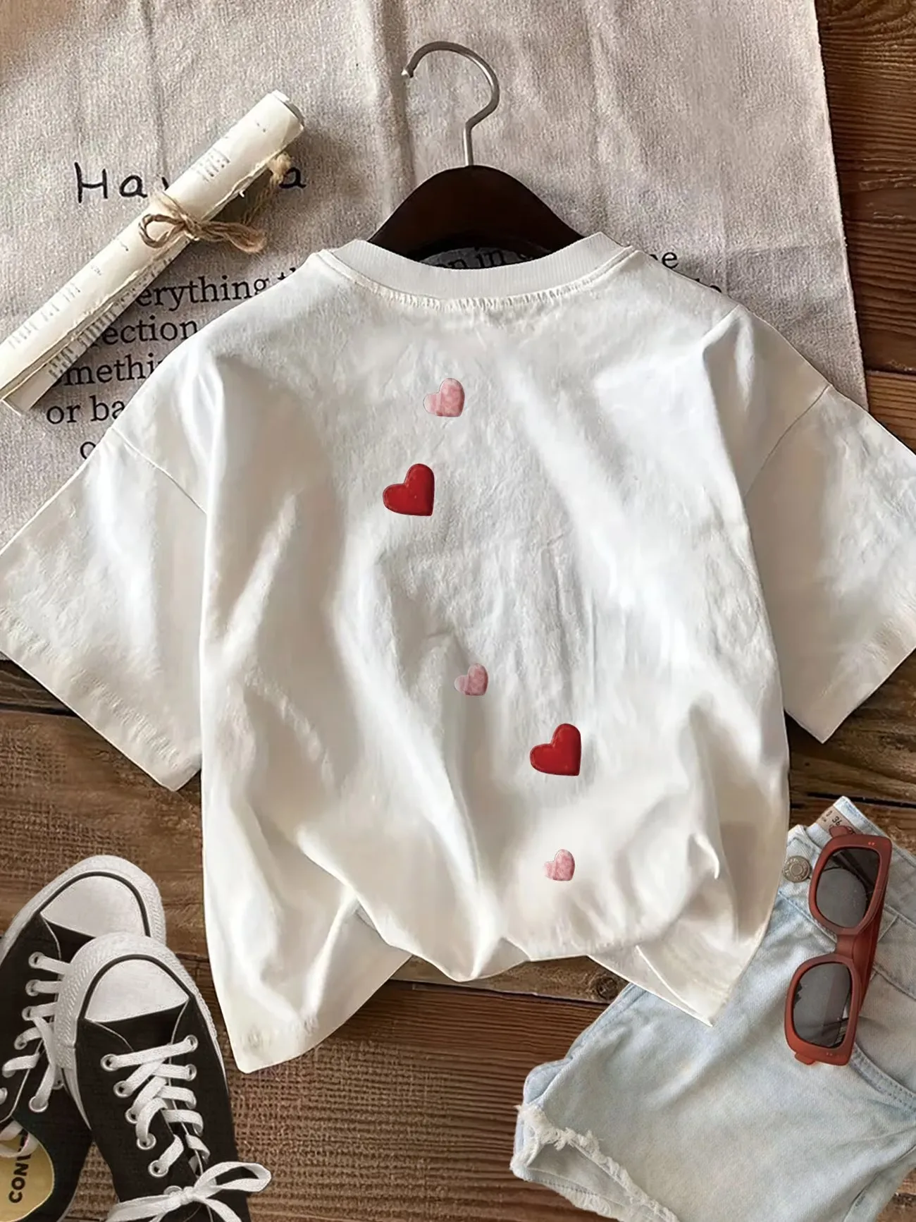 Y2k Egirl Korean Fashion Graphic Tees Casual Love Heart 100% Cotton Women's T-Shirt Soft O Neck Short Sleeve Top