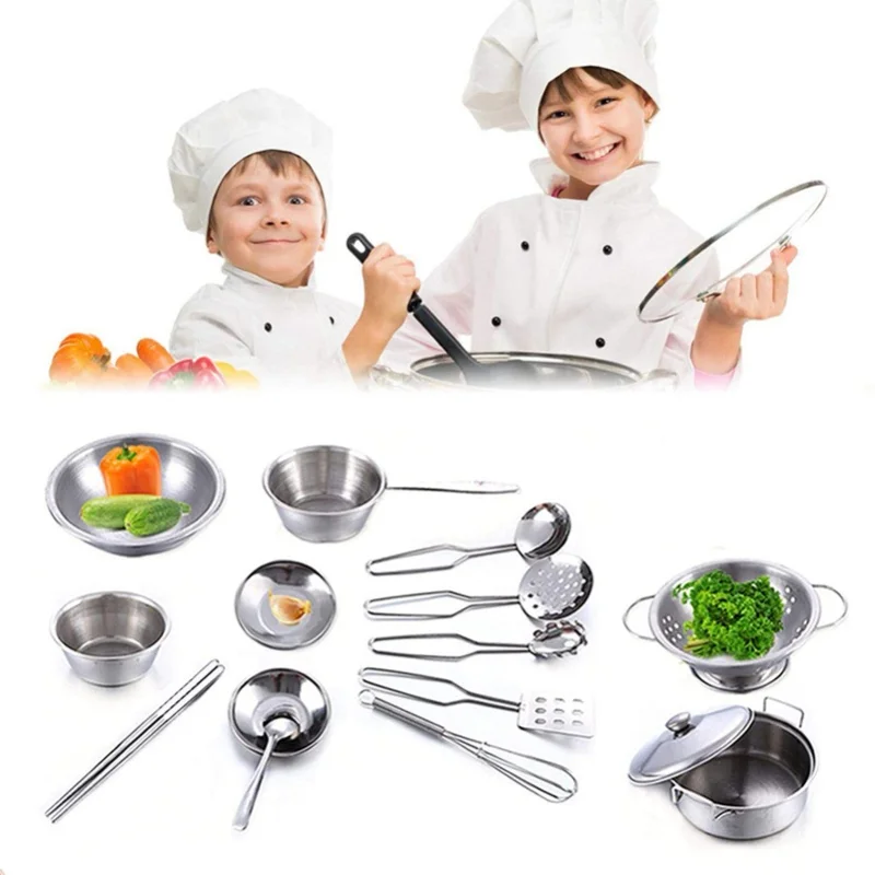 16 قطعة مجموعات الالعاب المطبخ للأطفال الفولاذ المقاوم للصدأ أواني المطبخ والمقالي مجموعة أداة المطبخ لعبة للأطفال هدية #6