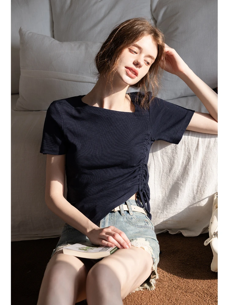 

EGGKA Женская облегающая футболка ort Sve Asymmetric Ne Design Summer New Sle Casual Faion Body a ort Length