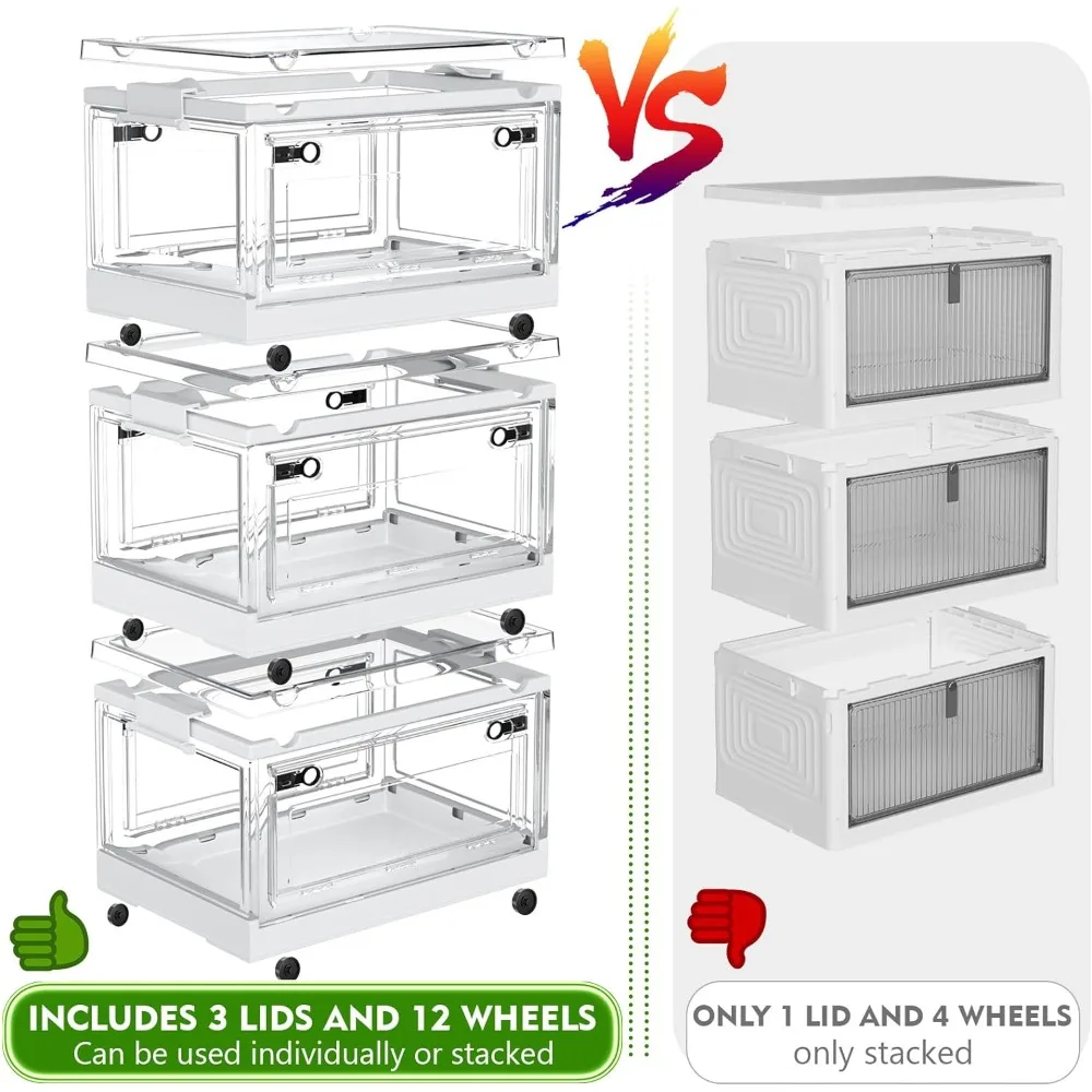 144QT Clear View Stackable Storage Bins with Lids,Collapsible with Doors and Wheels, Large Closet Organizers and Storage(48QT*3)