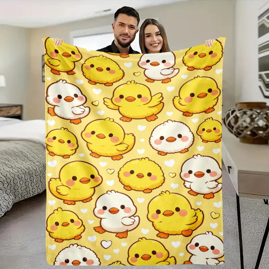 Cartoon Duckling Heart Pattern Flannel Blanket, Yellow Background Cute Baby Ducks Lightweight Throw Blanket Bed Couch Home Use