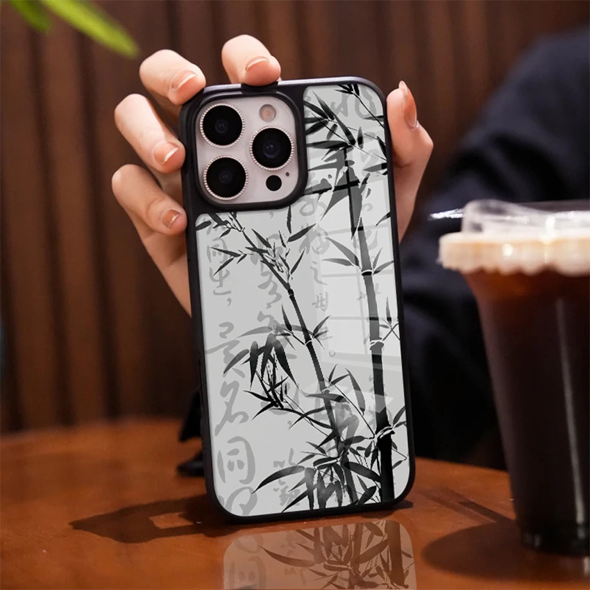 Custodia per telefono con pittura a inchiostro Shui in stile cinese per Iphone 16 15 14 13 Pro 12 Max Plus 16Pro Custodia per telefono in bambù Anti Goccia 15Pro Cover