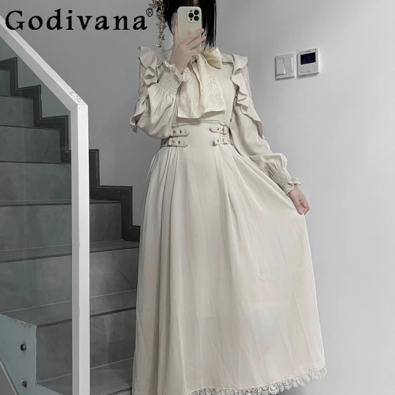 ญี่ปุ่น Rojita ลูกไม้ Ruffle ชุดผู้หญิงขอบเอวแขนยาวหญิงฤดูใบไม้ผลิ Subculture เอวสูงชุดยาว