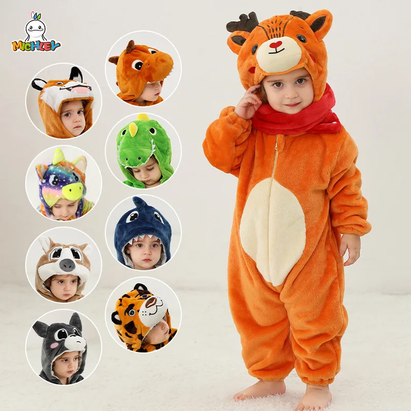 Winter Baby Romper Boys Cartoon Dinosaur Tiger Jumpsuits Girls Kawaii Rainbow Unicorn Flannel Animal One-piece Suits Home Wear