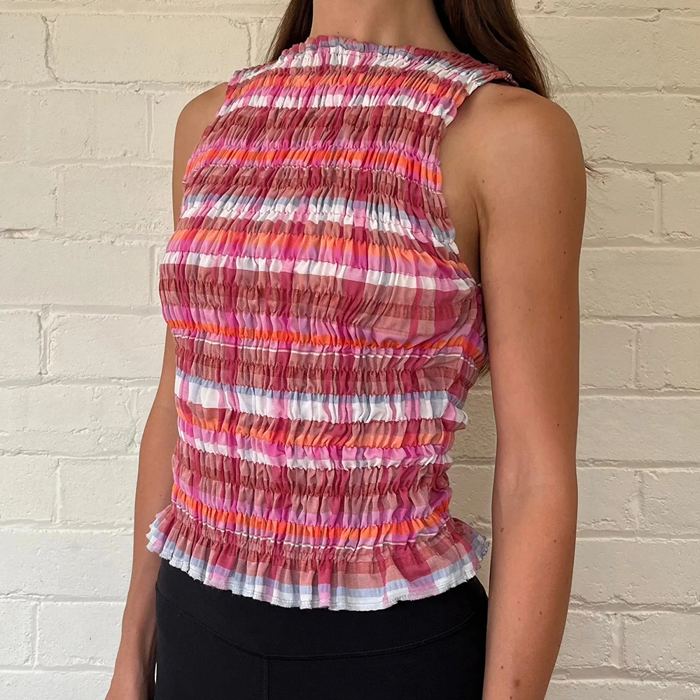 المرأة خمر Shirred الدبابات القمم الصيف Smocked القمم أكمام الكشكشة هيم الجرافيك مطوي قميص y2k الخروج عطلة القمم