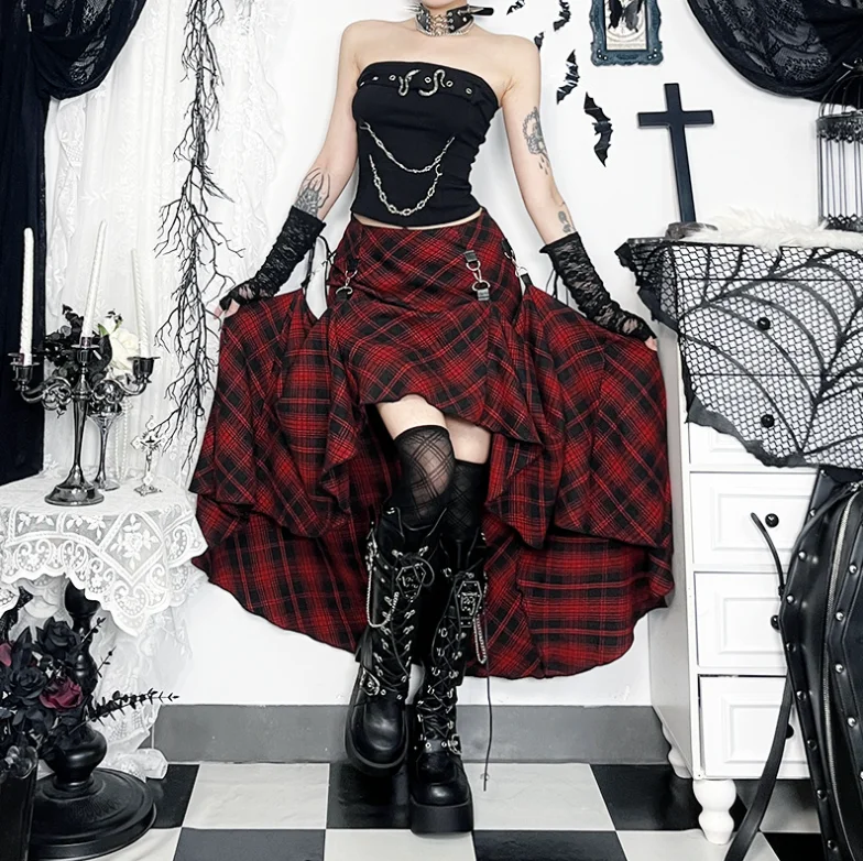 Goth Dark 90s Grunge Chic Adjustable Multi Wear Skirts Cyber Y2K Lattice Metal Buckle Skirt Women Mall Gothic Streetwear w46