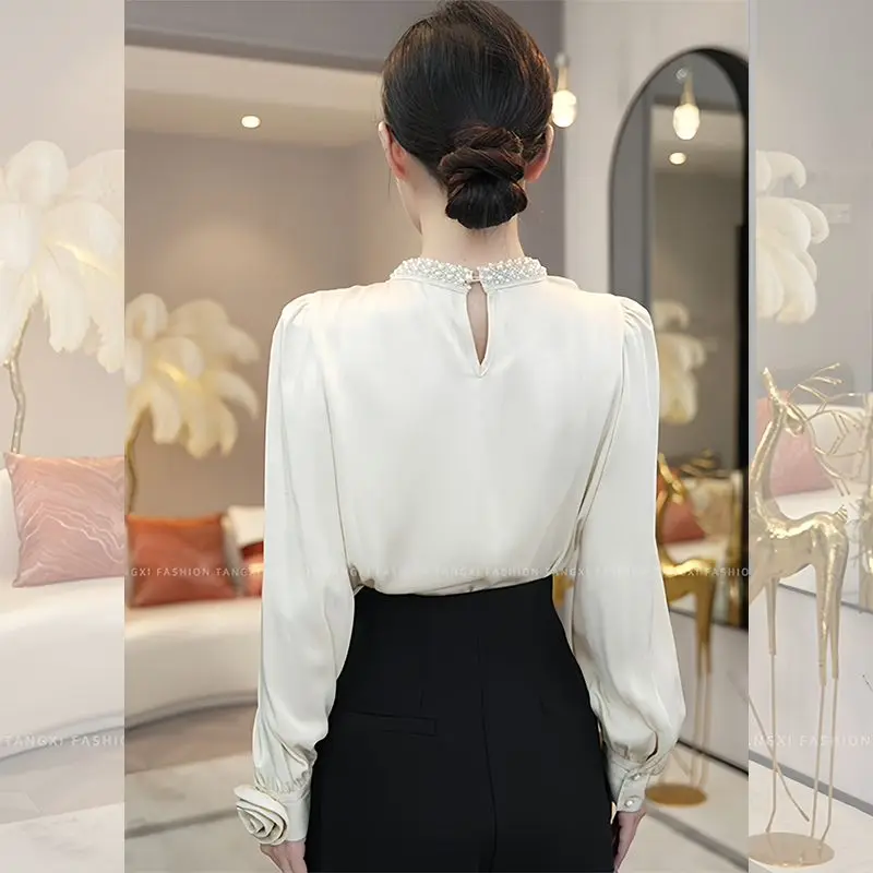 Women's Vintage Ruffle Hollow 3D Flower Blouse Office Lady Elegant Chic Luxury Commute Shirt Autumn Solid Long Sleeve Slim Tops