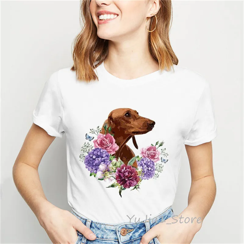 

Summer Dachshund Blooming Flowers Art T Shirt women Cute Dog Animal Print tee shirt femme tops female white t-shirt streetwear