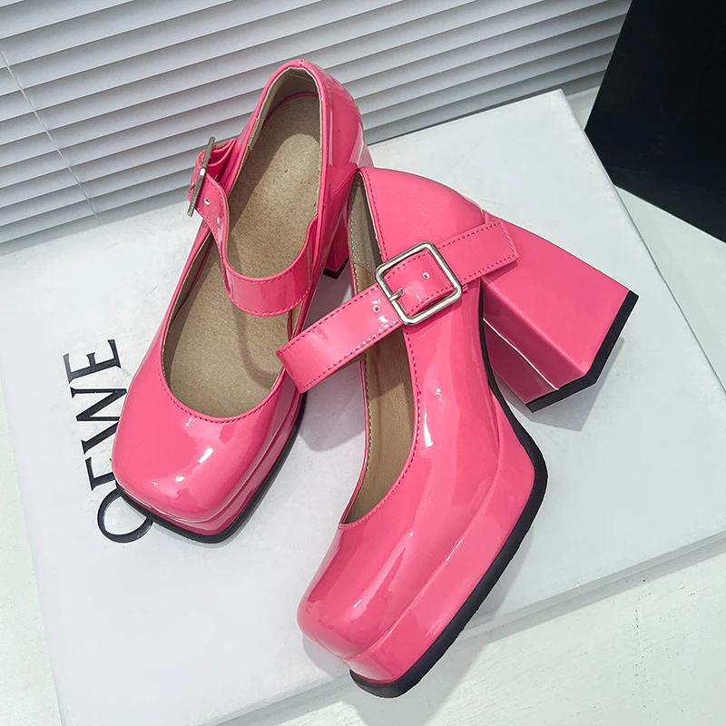 Super High Profiled Thick Heel Square Toe Pumps Platform Bright Patent Leather Belt Buckle Breathable Women\'s High Heels