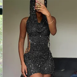 Sequined Hooded Luxury Woman Evening Dress Sexy Club Outfit 2024 Summer Knitting Streetwear Female Hollow Out Party Dresses