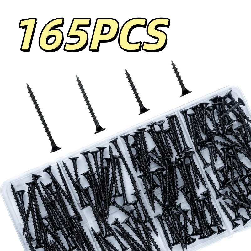 165pcs M3.5 Black Drywall Screw Set Coarse Thread Phillips Wood Screws 4 Sizes with Picture Hanging Kit for Frame Art