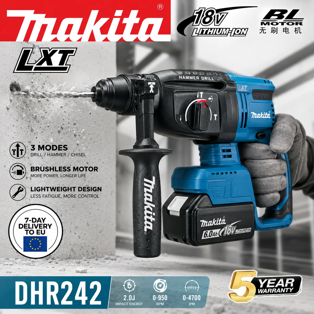 

Makita Battery 18V Rechargeable For DHR242 Cordless Impact Drill SDS Plus 24mm 3-Mode Rotary Hammer Concrete Working Tool