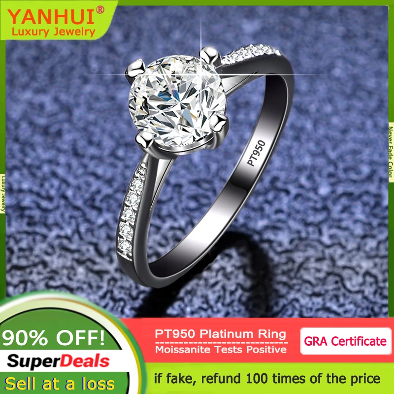 YANHUI Never Fade PT950 Platinum Rings Natural 1 Carat Moissanite Diamond Rings For Women Wedding Fine Jewelry Gift