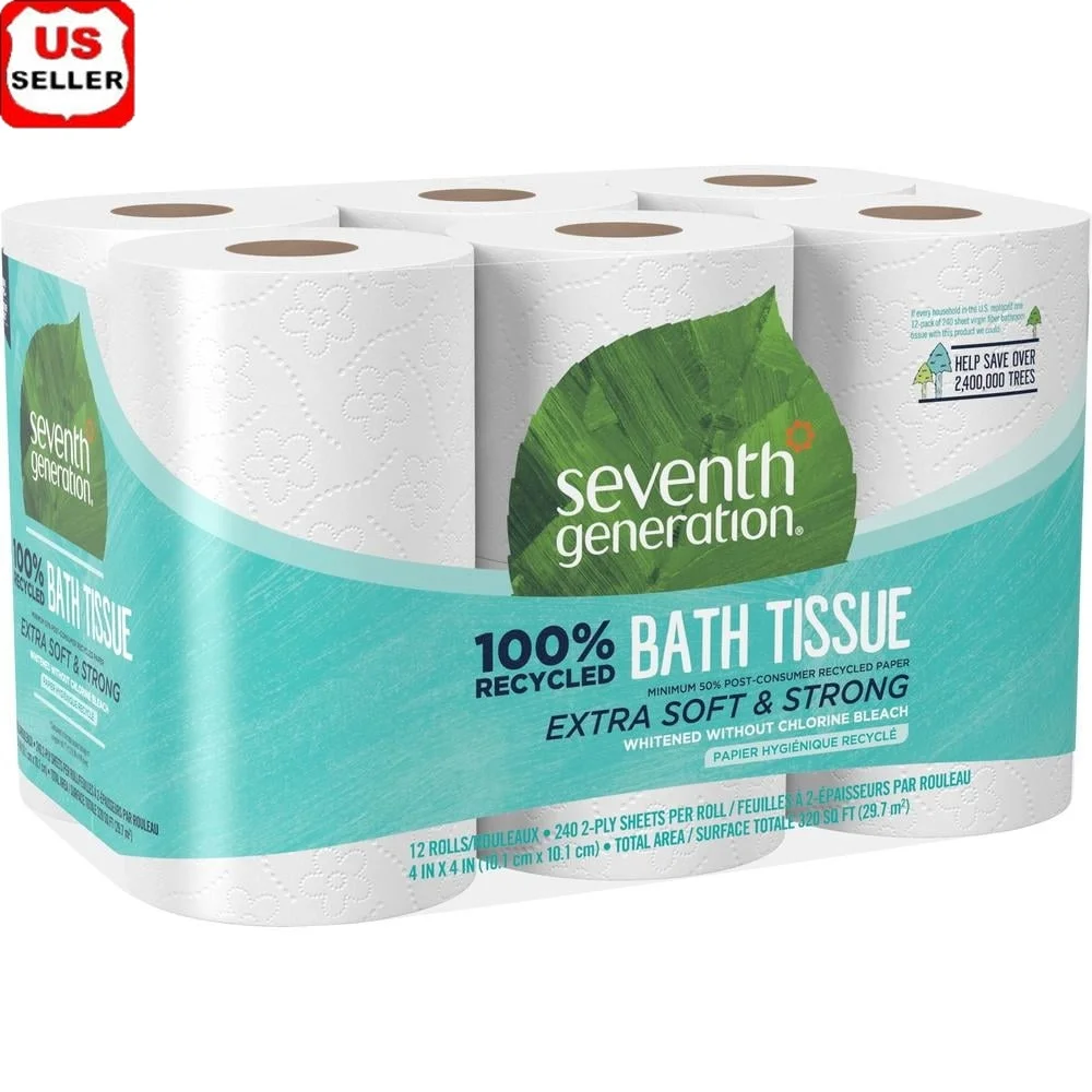 Eco-Friendly Toilet Paper 100% Recycled Bath Tissue 12 Rolls 300 Sheets Septic Safe Unscented Two-Ply Chlorine Free Dyes Free
