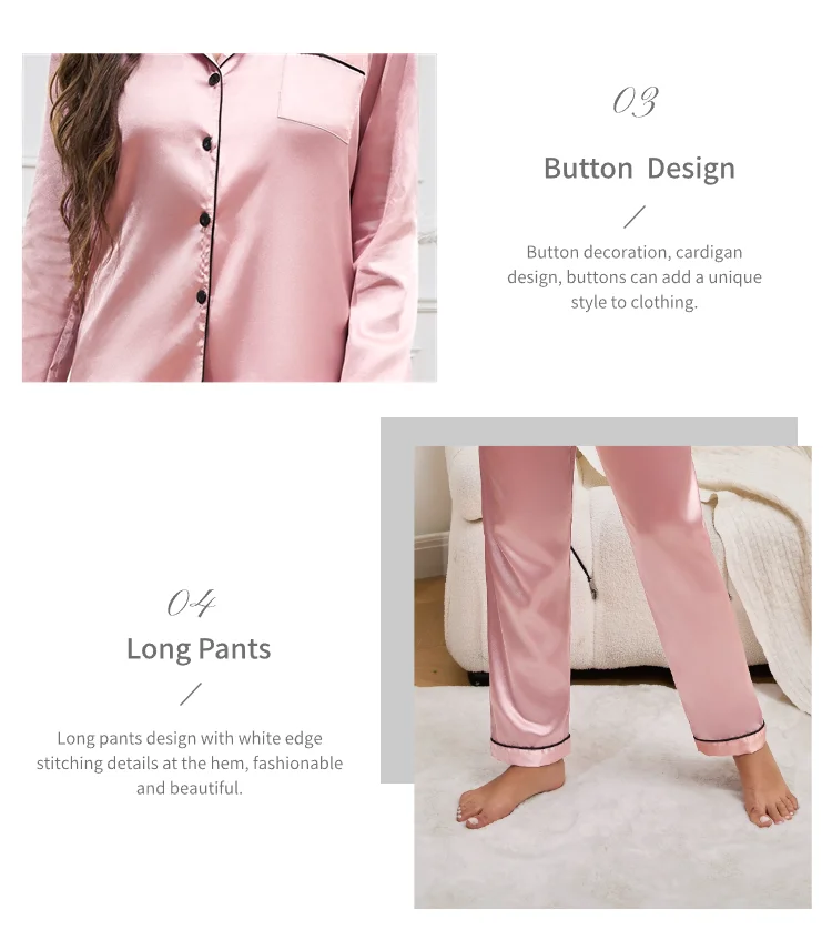 Damen-Pyjama-Set, Nachtwäsche, Anzug, Loungewear, Pyjama-Set, Satin, langärmelig, Oberteile mit Hosen, 2-teilig, Pyjama, Pyjama für Damen – Detail 11