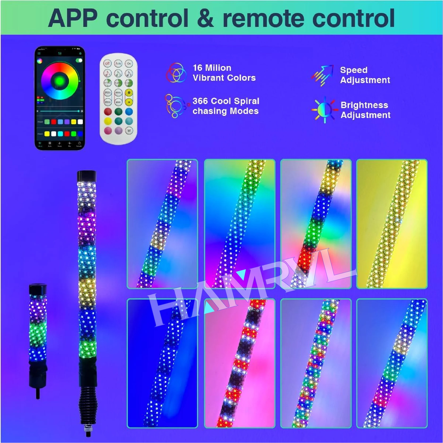 1/2pcs Spiral RGB LED Fat Whip Light Music Adjustable speed dimming Sound Activated Chasing Whip Lights for RZR UTV ATV Off Road