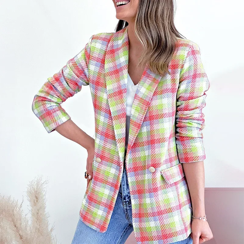 202 Europe, America, autumn and winter new plaid print long sleeve pocket two buttons leisure suit coat women YBF27-3