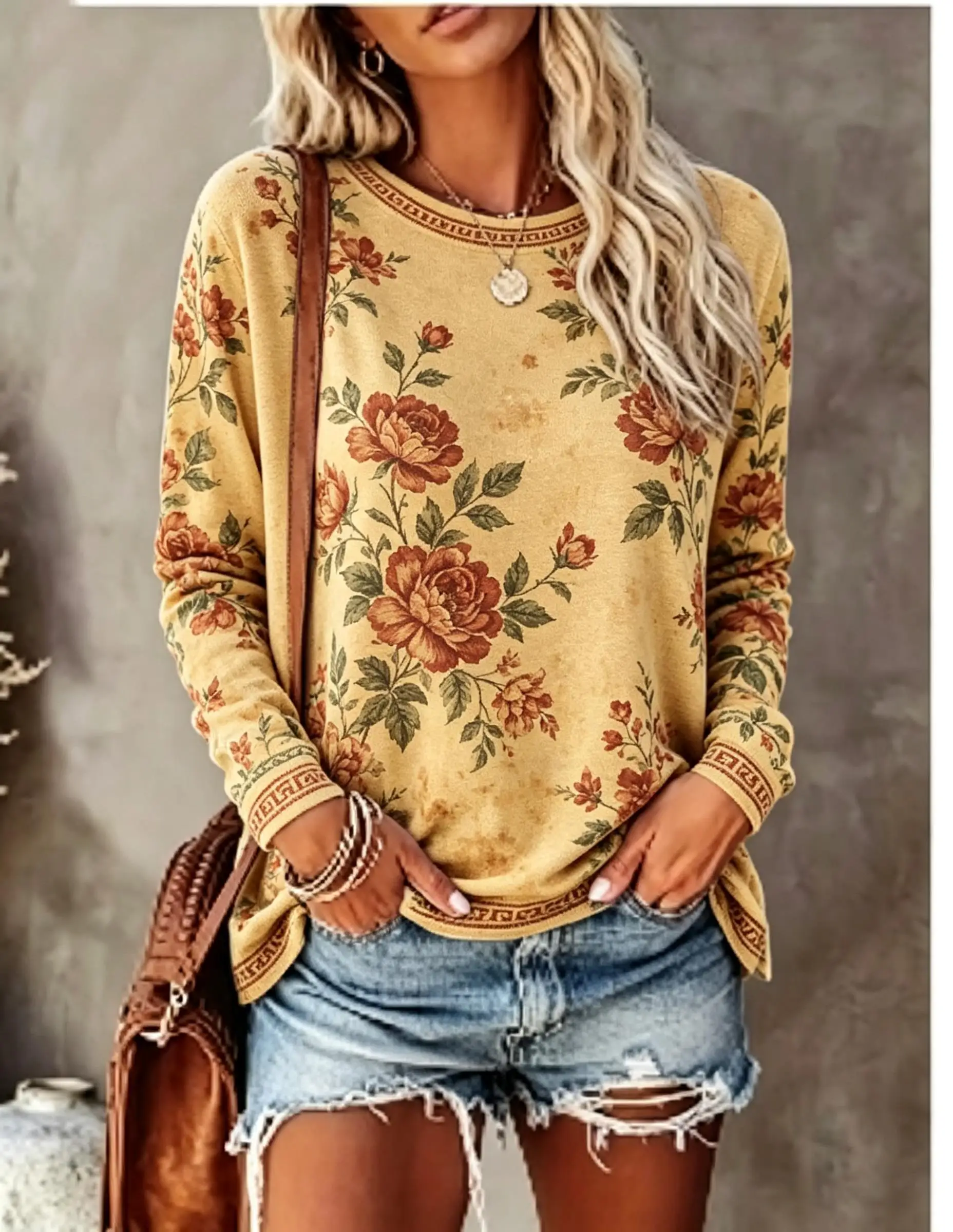 Women Crew Neck Long Sleeve T‑Shirt, Vintage Floral Rose Print Casual Loose Pullover Tops view 4