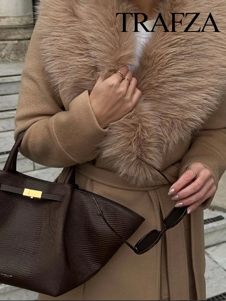

TRAFZA Women's 2025 Autumn Winter New Large Wool Collar Long Woolen Jacket Female Elegant Temperament Double Pocket Lace-up Coat