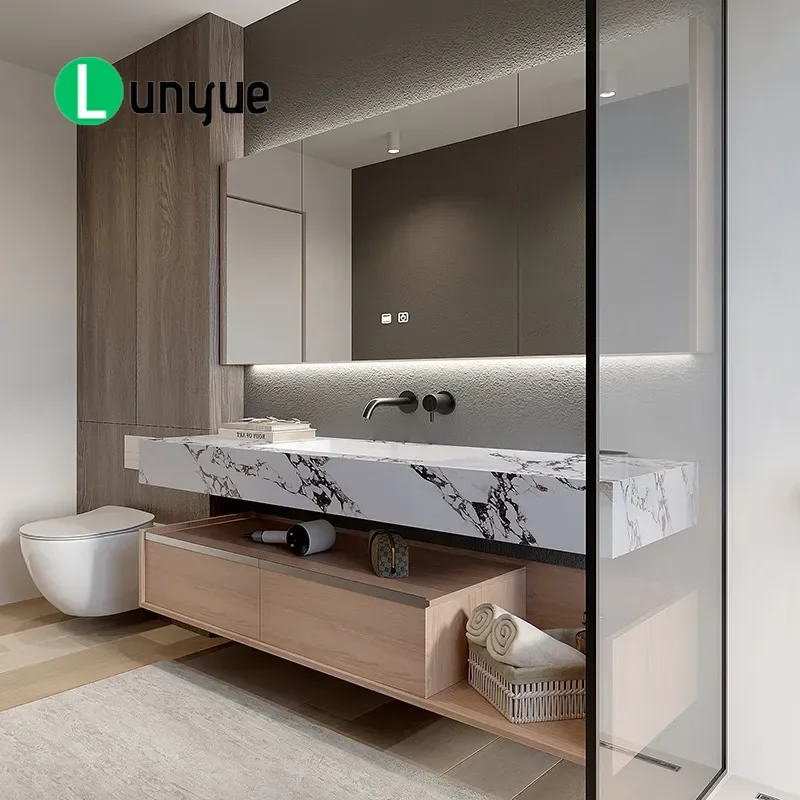 Hot Bending Rock Slab Bathroom Cabinet Seamless Double Layer Washbasin Combo with Japanese Toilet for Hotel Modern Home