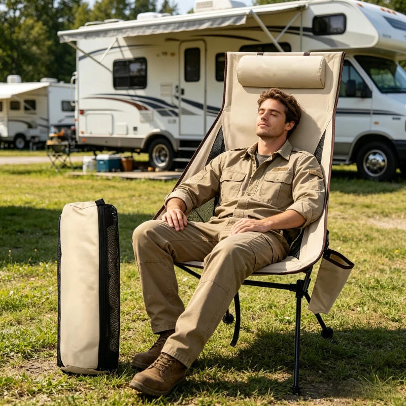 

Lightweight beige high back camping seat, foldable and space-saving, practical headrest & aluminum alloy stand for multi outdoor