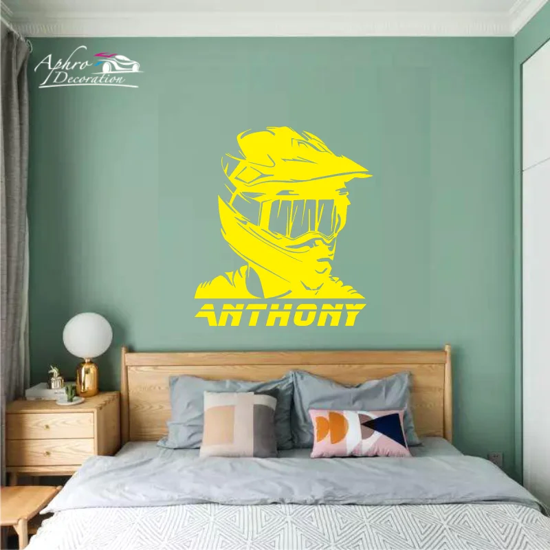 اسم شخصي دراجة نارية ملصقات الحائط ، موتوكروس سباق ألعاب الدراجة ، خوذة الشارات ، غرفة الأولاد المنزل ، جدار الفن ديكور ، هدية