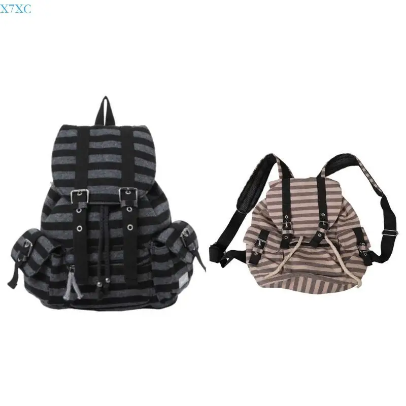 

X7XC Large Capacity Backpack Student Schoolbag Retro Stripes Backpack Casual Knapsack